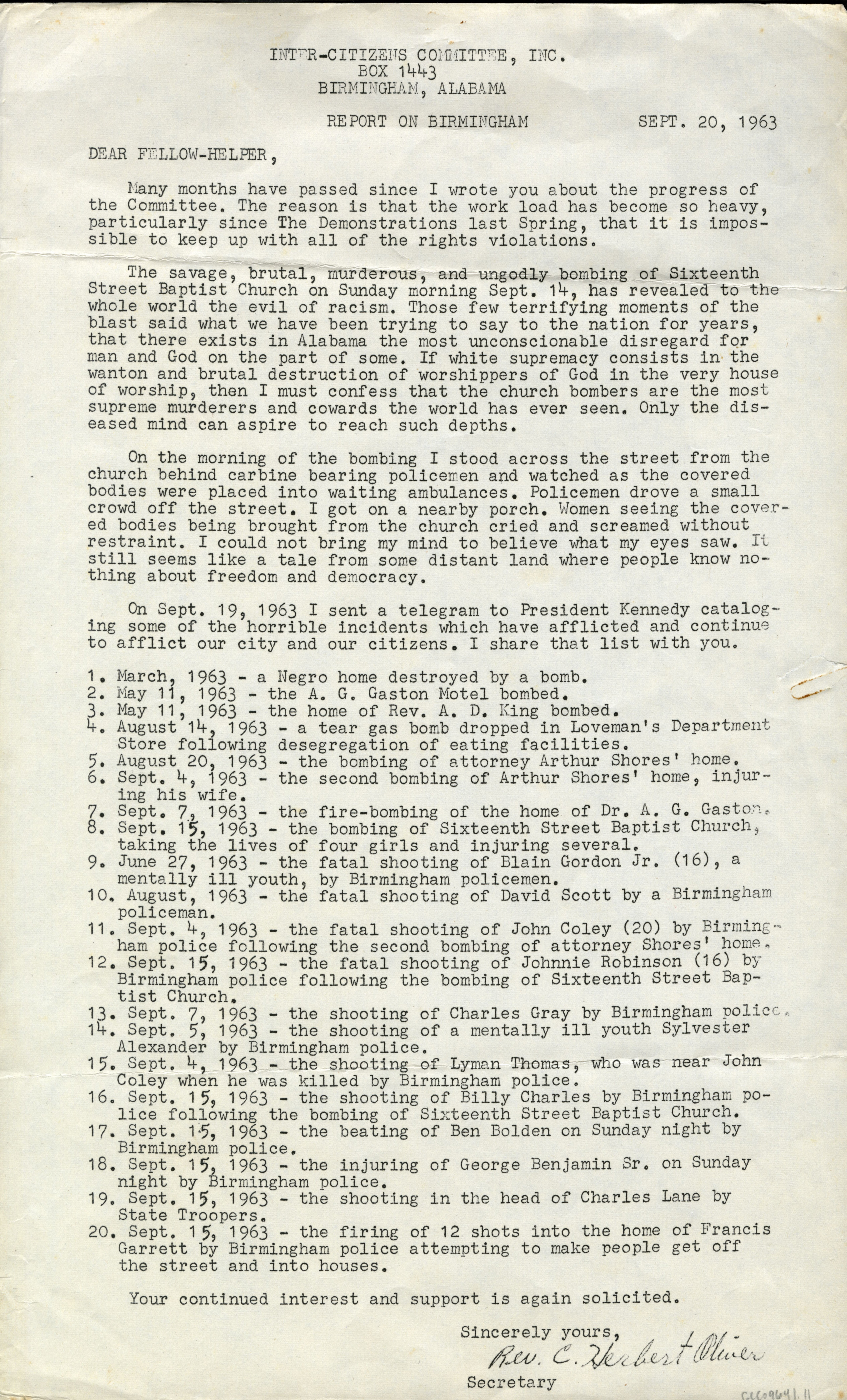 C. Herbert Oliver, “Report on Birmingham,” September 20, 1963 (The Gilder Lehrman Institute, GLC09641.11)