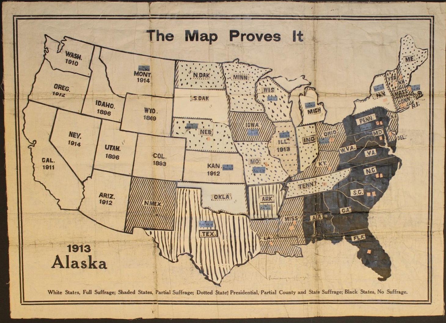 "The Map Proves It" Map of the United States that shows women's suffrage across the country in 1919. 
