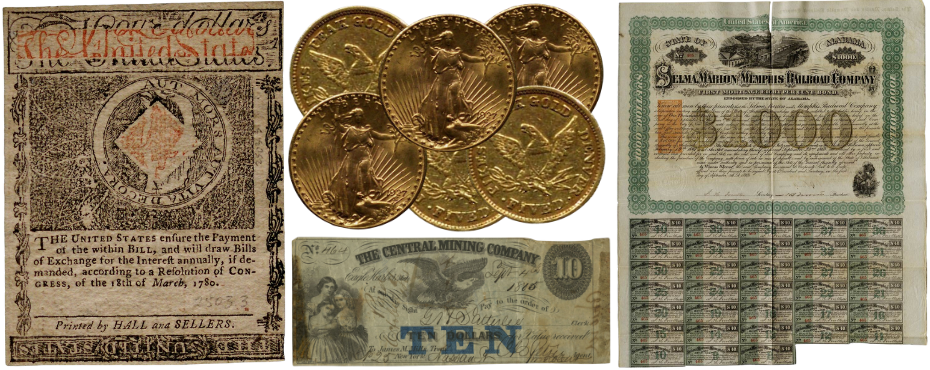 Historical paper money and coins of different eras from the Gilder Lehrman Collection