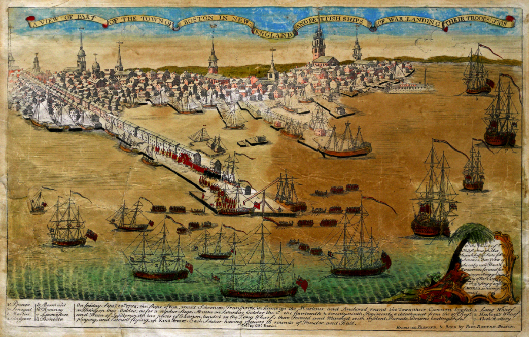 "A View of Part of the Town of Boston in New-England and British Ships of War Landing Their Troops in 1768," engraved by Paul Revere, 1770. (Gilder Lehrman Institute, GLC02873)