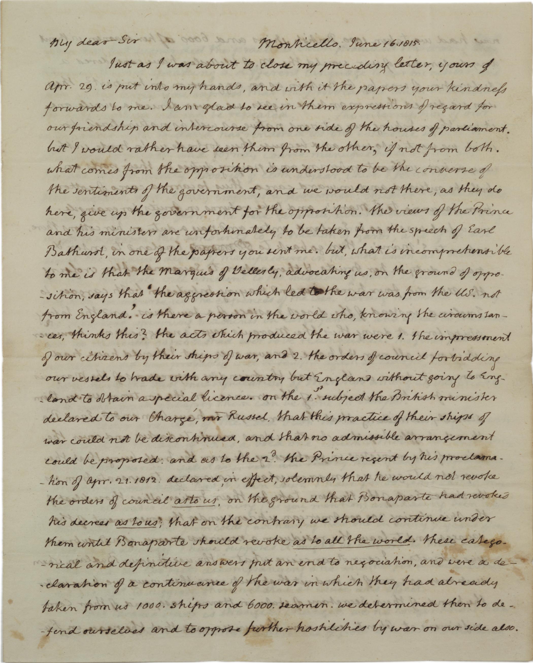 Thomas Jefferson to James Maury Esq., June 16, 1815. (Gilder Lehrman Collection) Thomas Jefferson to James Maury Esq., June 16, 1815. (Gilder Lehrman Collect