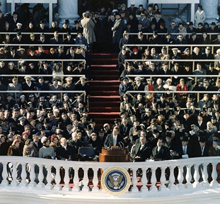 President John F. Kennedy giving his inaugural address, January 20, 1961 (Army Signal Corps photograph, courtesy of the John F. Kennedy Library and Museum) President John F. Kennedy giving his inaugural address, January 20, 1961 (Army S