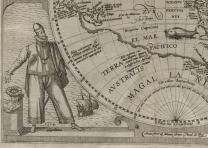 Imaginative depiction of Magellan from a map published in Americae nona & postrema pars, edited by Theodor de Bry (Frankfurt: Apud M. Beckerum, 1602). (Library of Congress Rare Book and Special Collections Division)