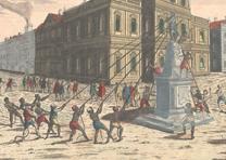 A German artist’s interpretation of the destruction of the statue of George III in New York City, 1776. (Gilder Lehrman Collection) Destruction of the statue of George III in New York, 1776. (GLC)
