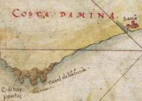 Detail of a map of Costa Damina from “Taboas geraes de toda a navegação,” by João Teixeira Albernaz, 1630. (Library of Congress Geography and Map Division) “Taboas geraes de toda a navegação” by João Teixeira Albernaz, 1630. (LOC Maps)