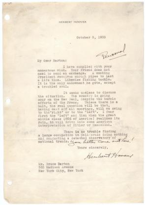 Herbert Hoover to Bruce Barton, October 3, 1933. (Gilder Lehrman Collection)