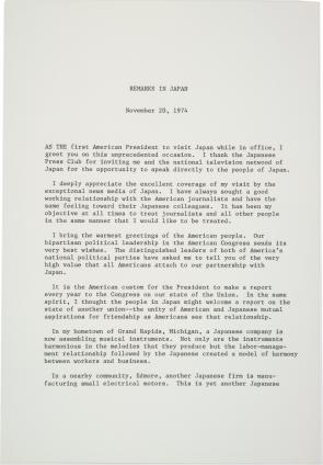Gerald Ford’s Remarks in Japan, November 20, 1974 (Gilder Lehrman Collection)