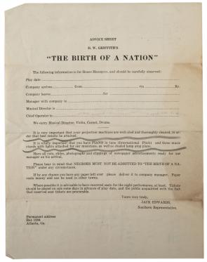 Blank Advice sheet for The Birth of a Nation, 1915. (Gilder Lehrman Collection)