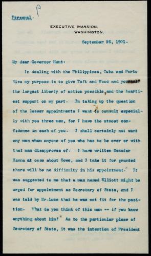Theodore Roosevelt to William H. Hunt, September 26, 1901 (Gilder Lehrman Collection)