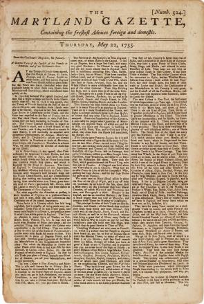 Maryland Gazette. No. 524 May 22, 1755.  (Gilder Lehrman Collection)