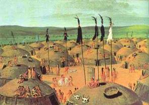 Painting of a Mandan village by George Catlin, ca. 1833.