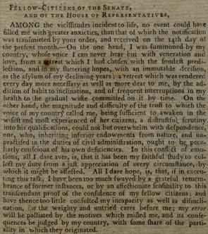 George Washington's First Inaugural Address published in the Gazette of the Unit