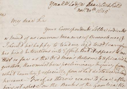 Letter from William Wilberforce to John Young, November 20, 1805. (Private Collection, on deposit at the Gilder Lehrman Collection) Letter from William Wilberforce to John Young, November 20, 1805. (Private Collection, on deposit at the Gilder Lehrman Collection)
