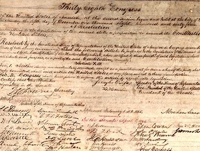 'Neither slavery nor involuntary... servitude shall exist in the United States' The 13th Amendment abolishing slavery (GLC00263) 'Neither slavery nor involuntary... servitude shall exist in the United States'