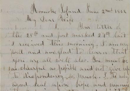 The first page of a letter from Union soldier George Tillotson to his wife in New York, June 2, 1862. The Gilder Lehrman Collection. The first page of a letter from Union soldier George Tillotson to his wife in Ne