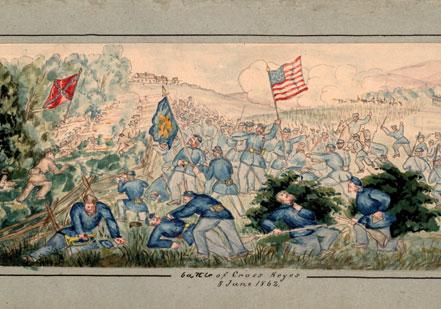 Henry Berckhoff of New York evocatively illustrated the battle of Cross Keys, Virginia, on June 8, 1862, focusing on the wounded Union soldiers in the foreground. The Gilder Lehrman Collection. Henry Berckhoff of New York evocatively illustrated the battle of Cross Keys, Vi