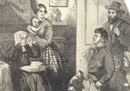 The drummer boy, visibly hardened from his battle experience, returns home to his family in this vignette from Thomas Nast’s illustration The drummer boy, visibly hardened from his battle experience, returns home to hi