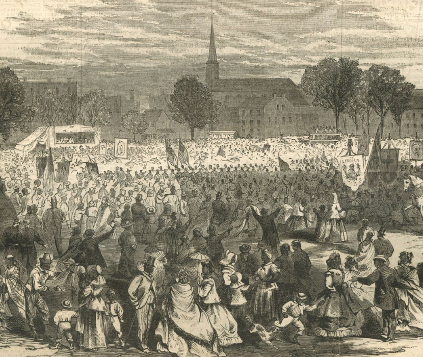 Illustration of crowd celebtrating the abolition of slavery in Washington, D.C.
