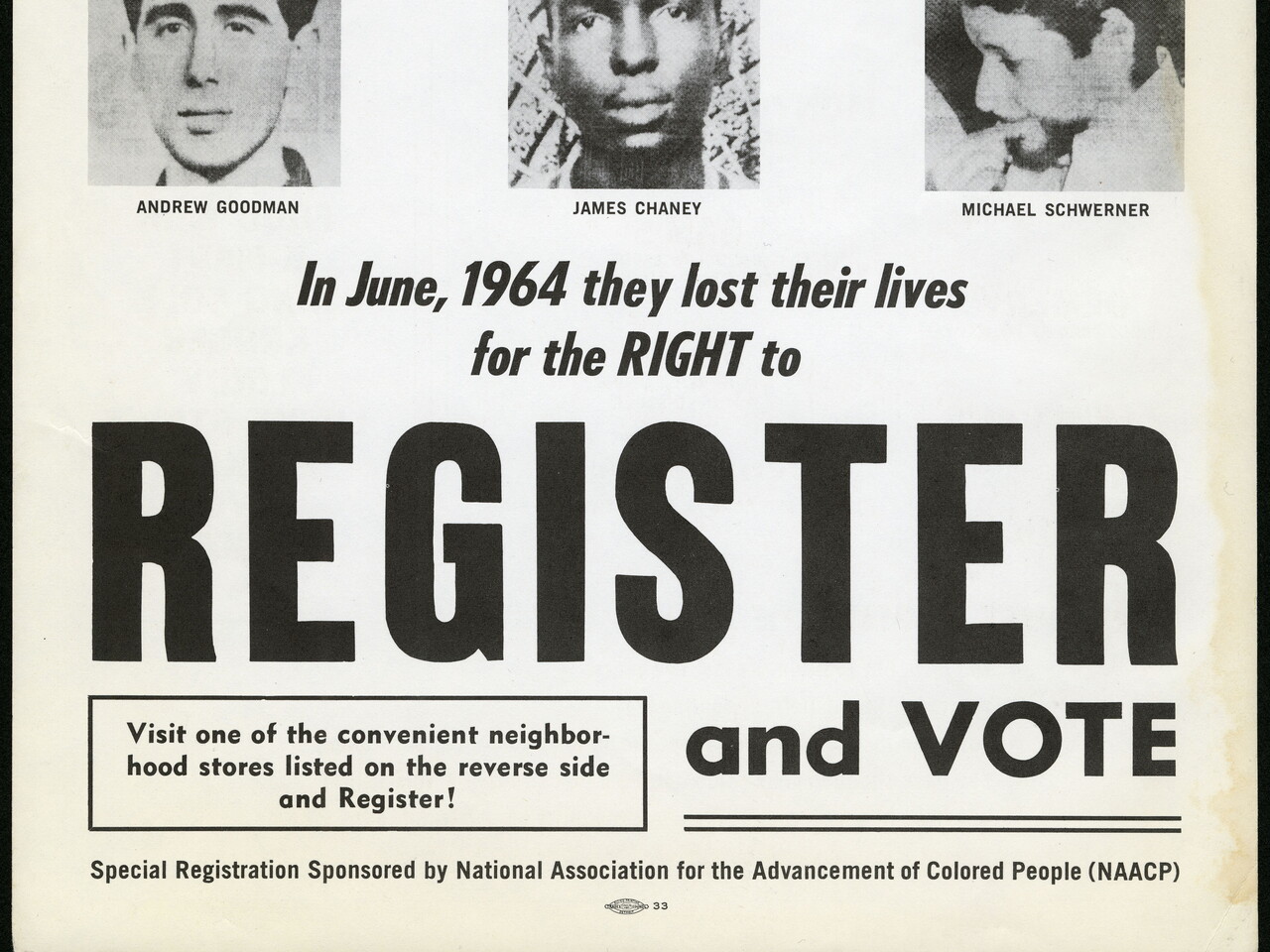 Register and Vote flyer memorializing Schwerner, Chaney, and Goodman