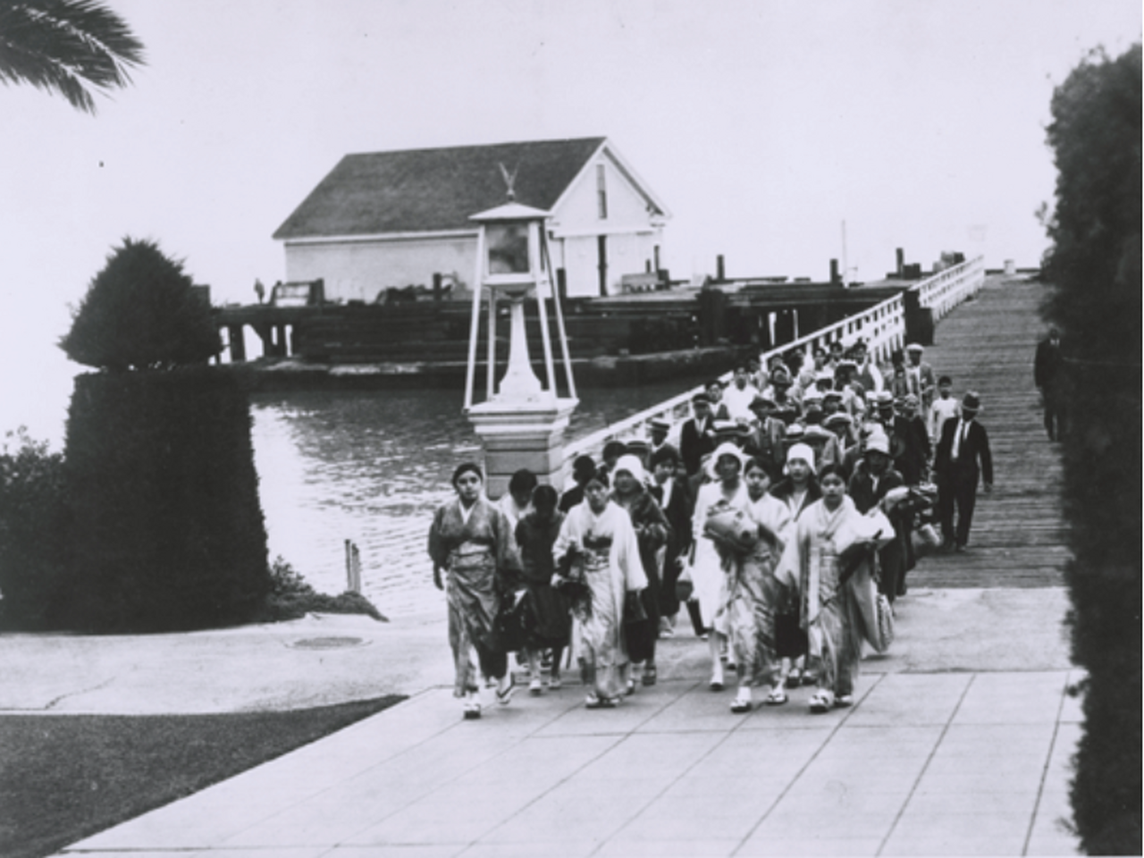 A group of immigrants arriving at Angel Island.