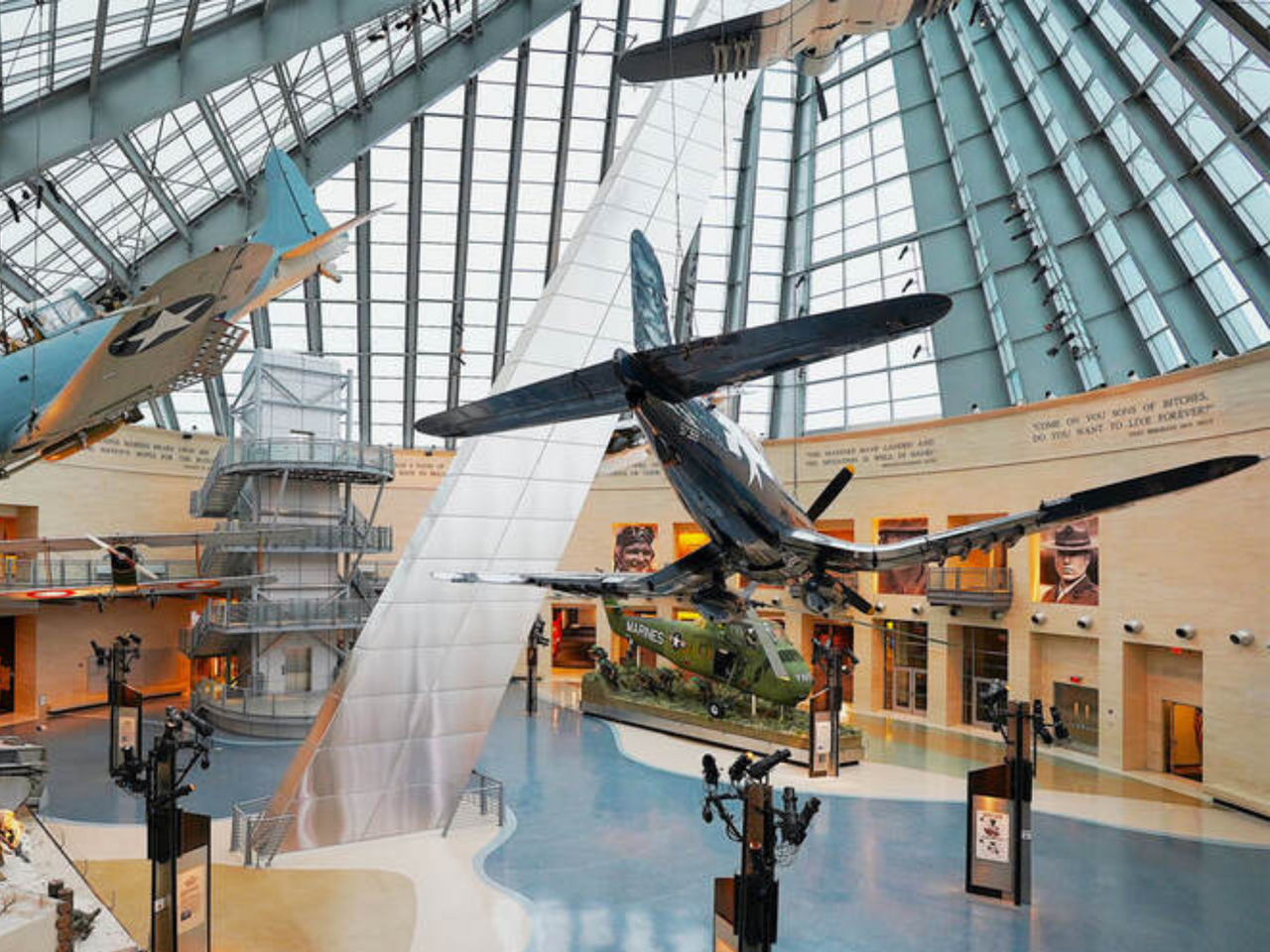View of suspended airplanes in interior of National Museum of the Marine Corps