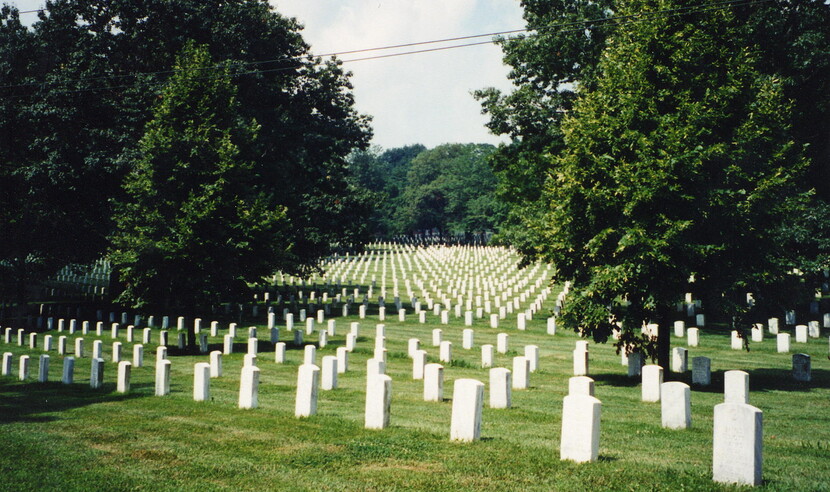 View of gravestones and trees at Fort Leavenworth National Cemetery