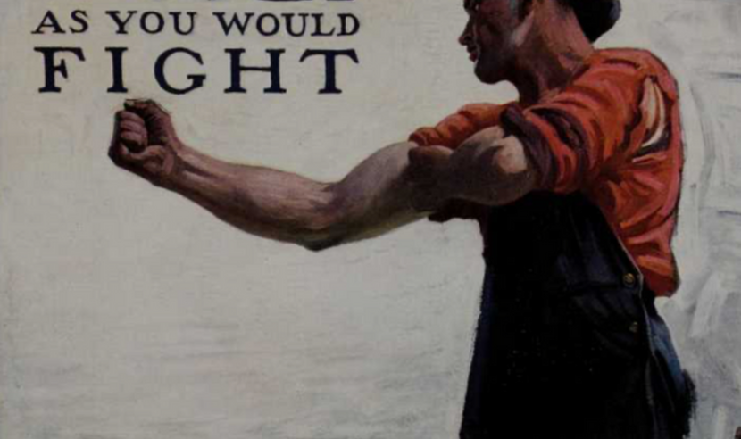 WWII era poster showing a worker with arms outstretched as though about to throw a punch