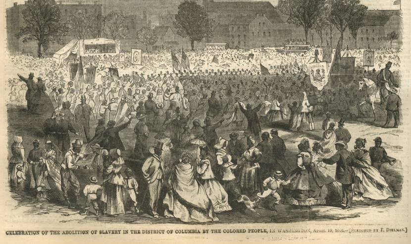 Cartoon from Harpers Weekly showing crowds celebrating abolition