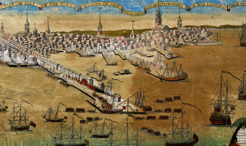 Paul Revere's hand colored engraving of Boston with British warships landing troops