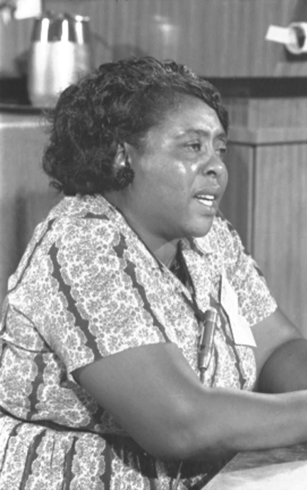Fannie Lou Hamer, Mississippi Freedom Democratic Party delegate, at the Democratic National Convention in Atlantic City, New Jersey, August 22, 1964; photograph by Warren K. Leffler. (Library of Congress Prints and Photographs Division)