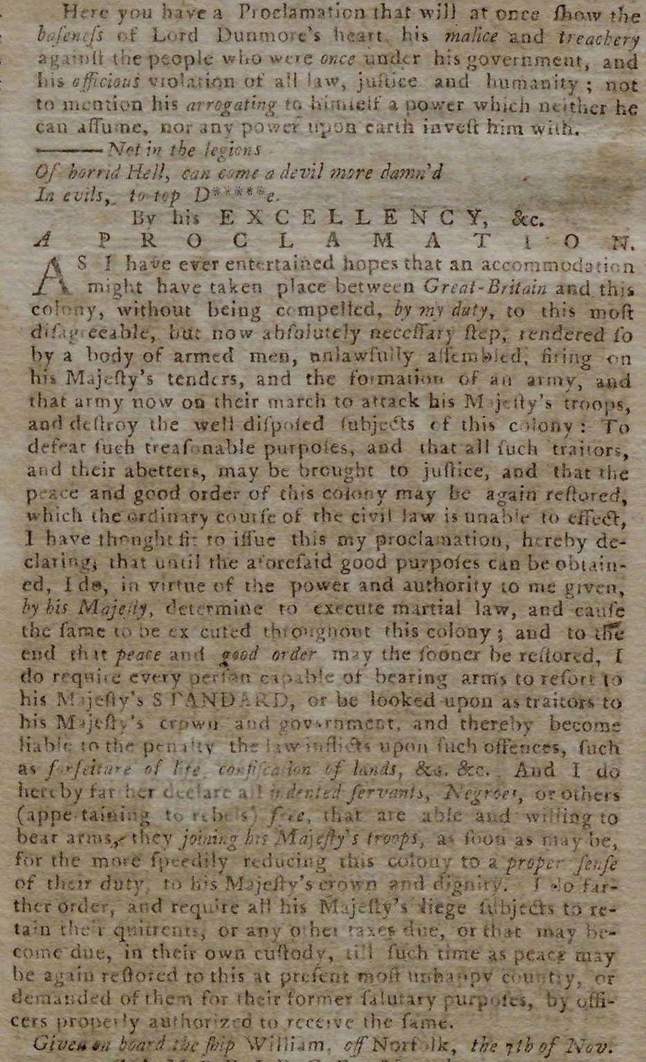 Dunmore’s Proclamation, printed in the Pennsylvania Journal and Weekly Advertise