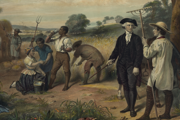 While Washington ultimately ordered that his enslaved workers be freed at his wife’s death, he depended on their labor to build and maintain his household and plantation. "Life of George Washington—The Farmer,” lithograph by Regnier, Paris, 1853 based on a painting by Junius Brutus Stearns, 1851. (Library of Congress)