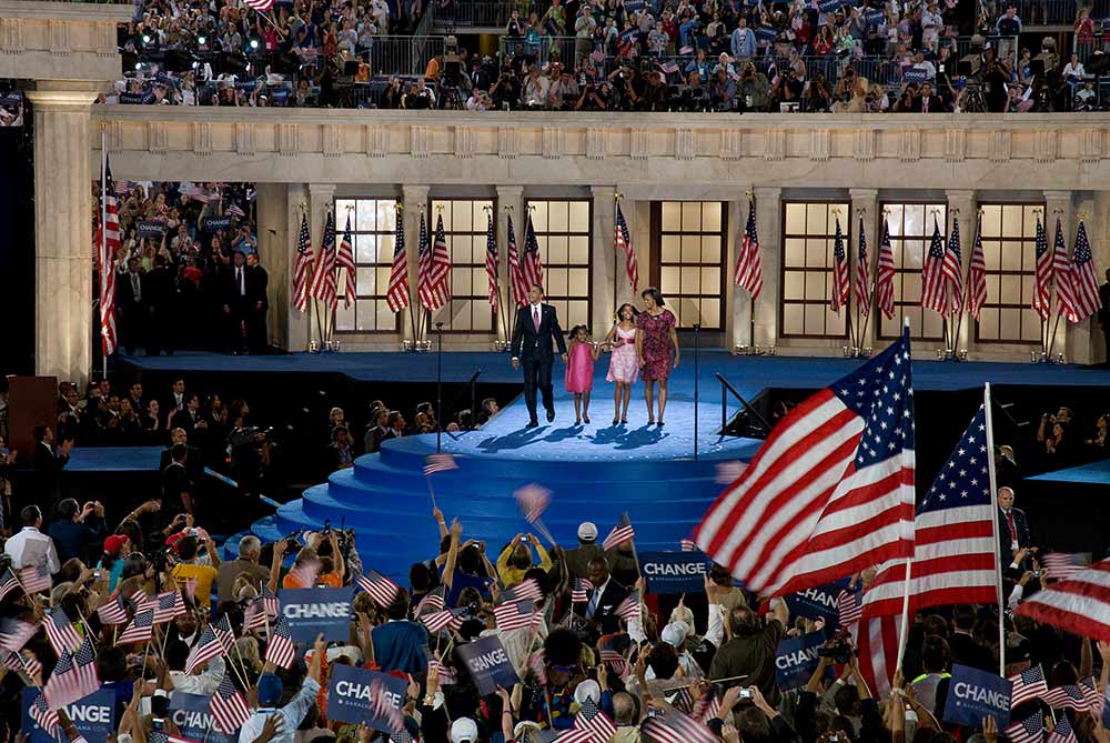 Presidential candidate Barack Obama, his wife Michelle, and his children Sasha and Malia at the Democratic National Convention in Denver, Colorado, photograph by Carol Highsmith, August 2008 (Library of Congress)