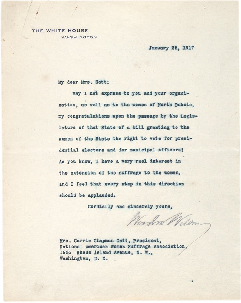 Woodrow Wilson to Carrie Chapman Catt expressing solidarity with the women's suffrage movement, January 25, 1917. (The Gilder Lehrman Institute, GLC07144)