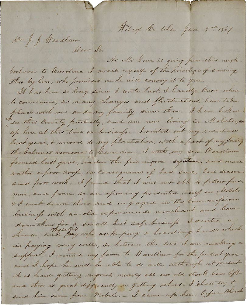 A. C. Ramsey to Dr. J. J. Wardlaw, January 3, 1867. (The Gilder Lehrman Institute)