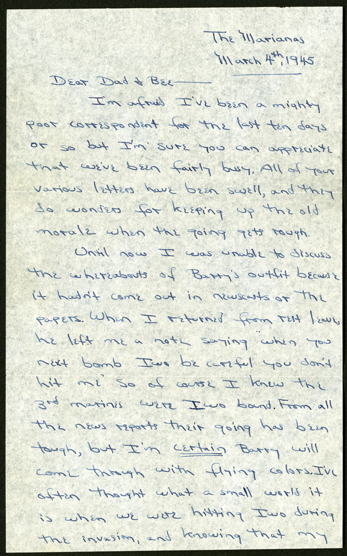 Robert L. Stone to Jacob Stone and Beatrice Stone, March 4, 1945. (The Gilder Lehrman Institute, GLC09620.164 p1)
