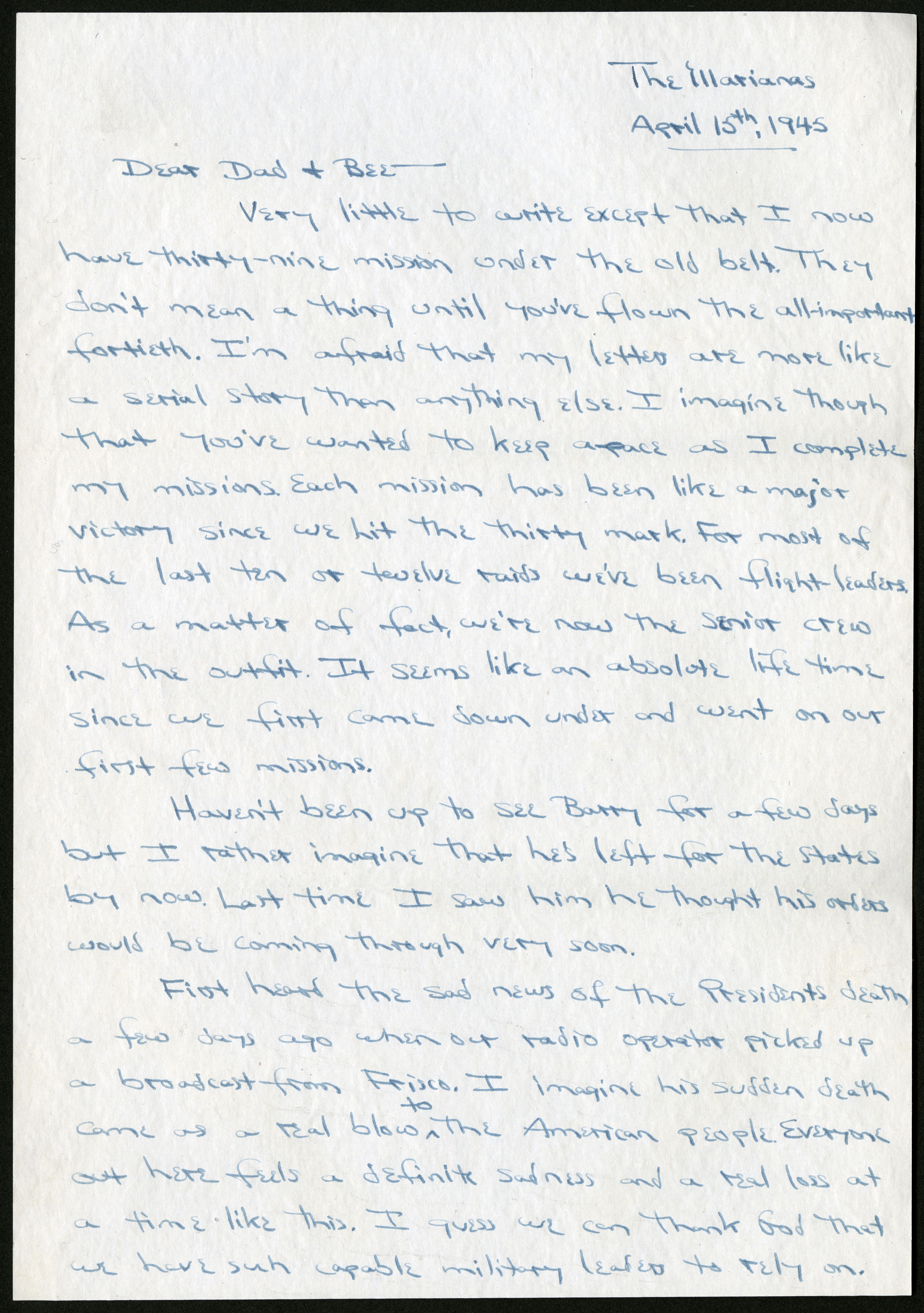 Robert L. Stone to Jacob Stone and Beatrice Stone, April 15, 1945. (The Gilder Lehrman Institute, GLC09620.173 p1)