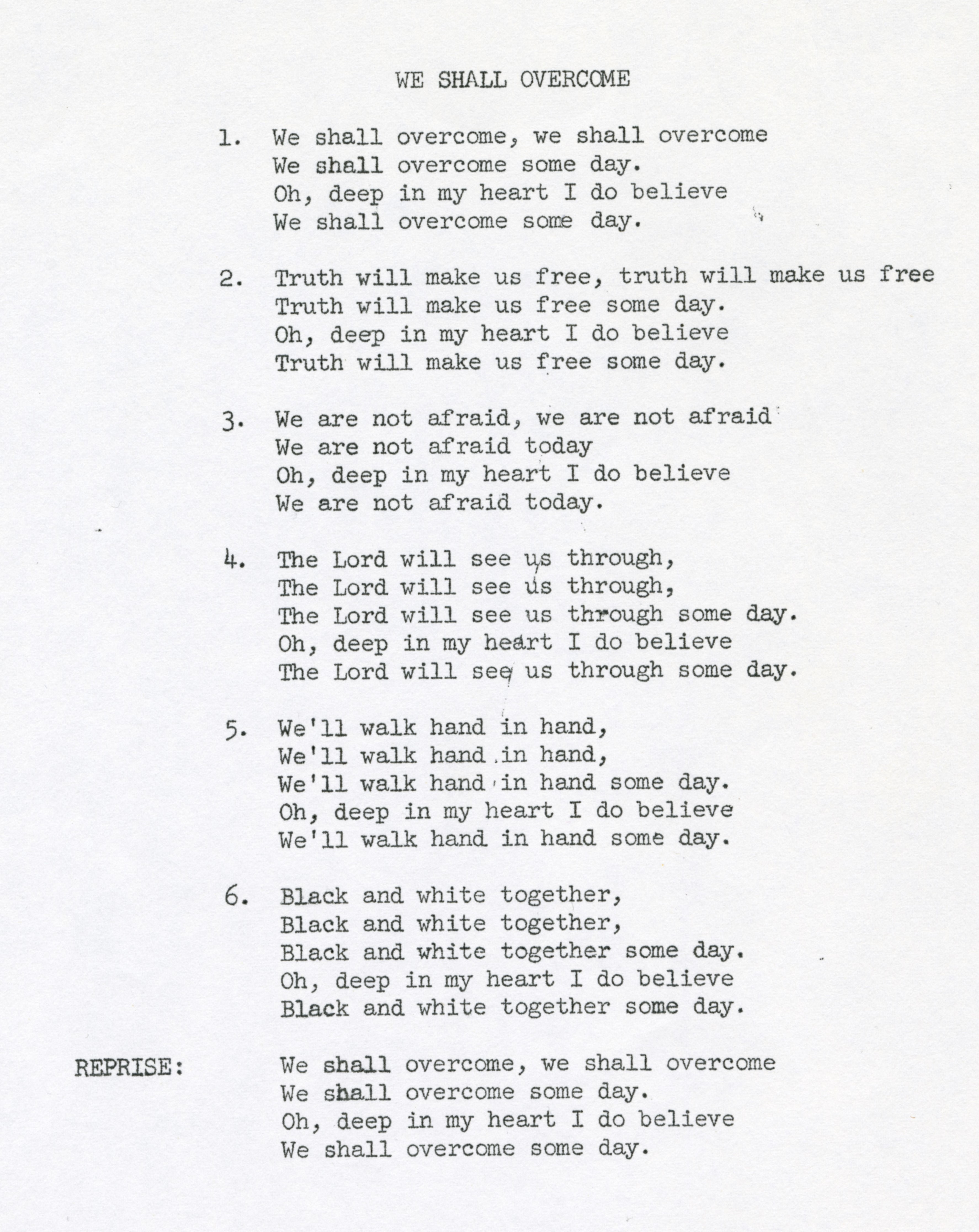 Lyrics to "We Shall Overcome" (Gilder Lehrman Institute, GLC09732.06)