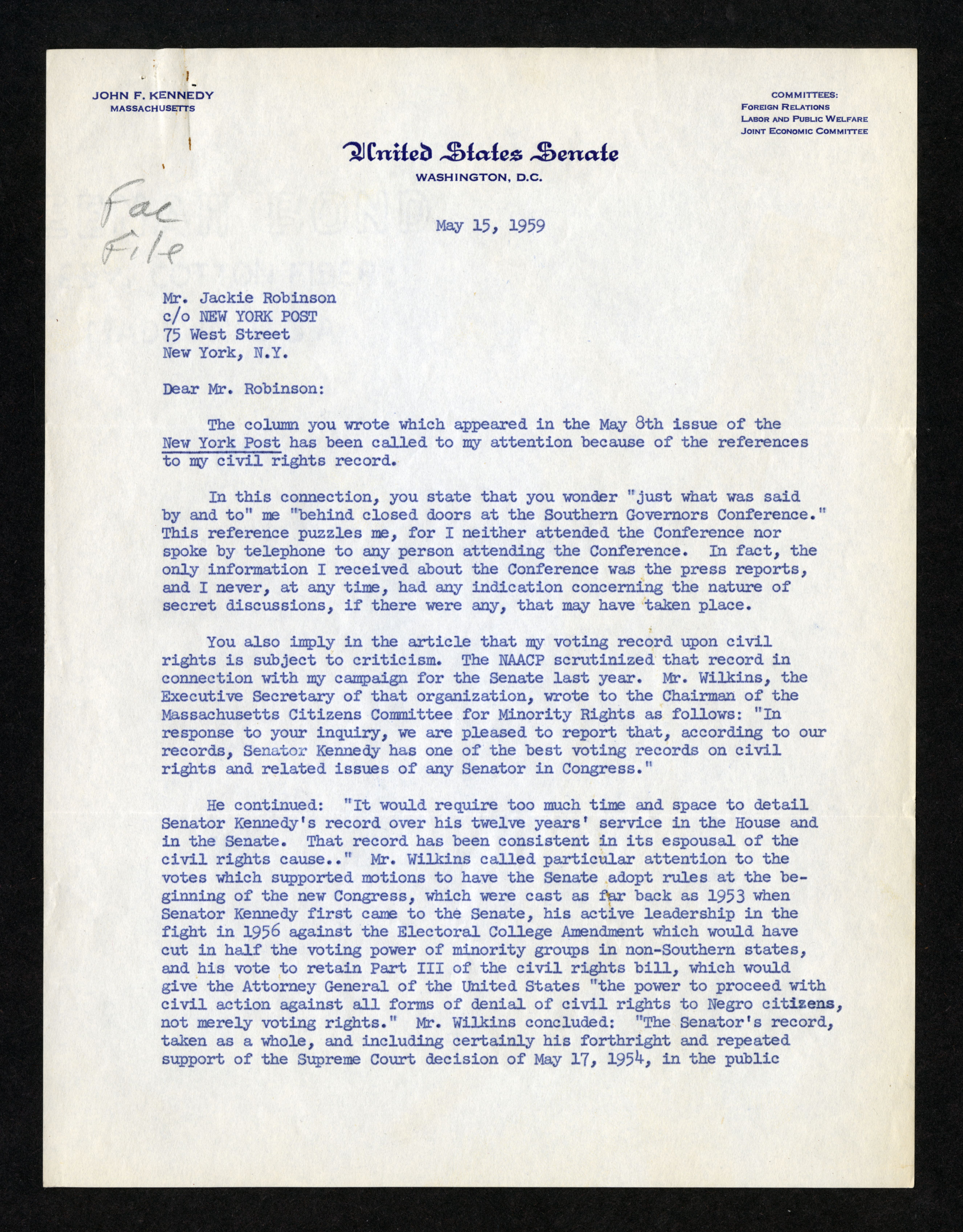 Letter addressed to Jackie Robinson dated May 15, 1959 from John F. Kennedy. (The Gilder Lehrman Collection GLC09754.04)