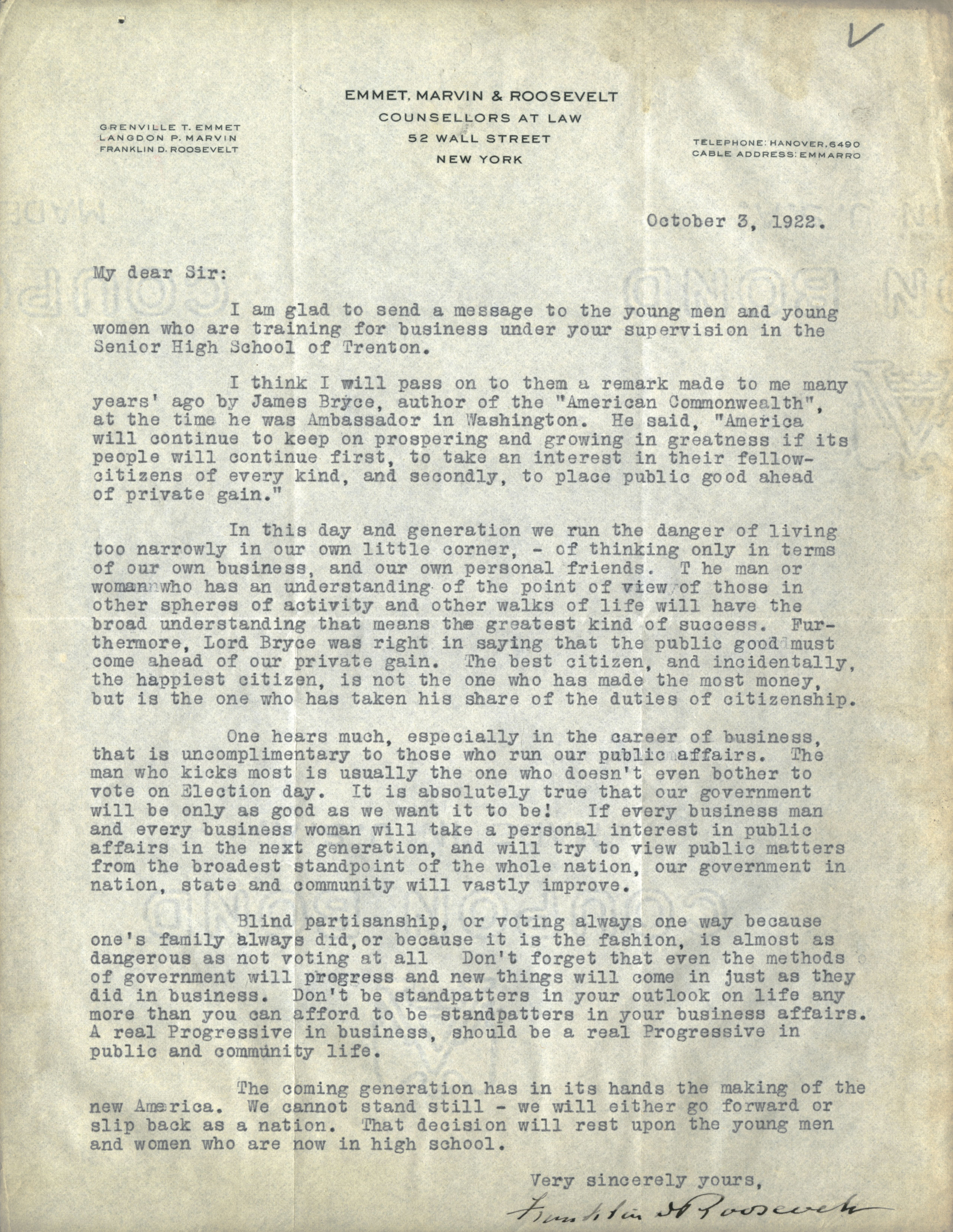 Franklin D. Roosevelt to Sharpless D. Green, October 3, 1922 (The Gilder Lehrman Institute, GLC09783.01)