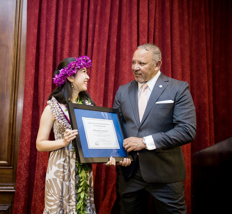 2022 National History Teacher of the Year Misha Matsumoto Yee with the president of the National Urban League, Mark Morial