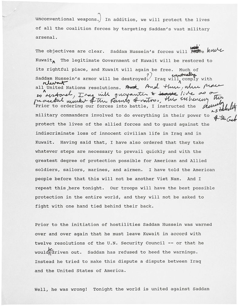 George H. W. Bush, Second Draft of the Address to the Nation on the Gulf War, January 15, 1991, p. 2 (National Archives, 595211)