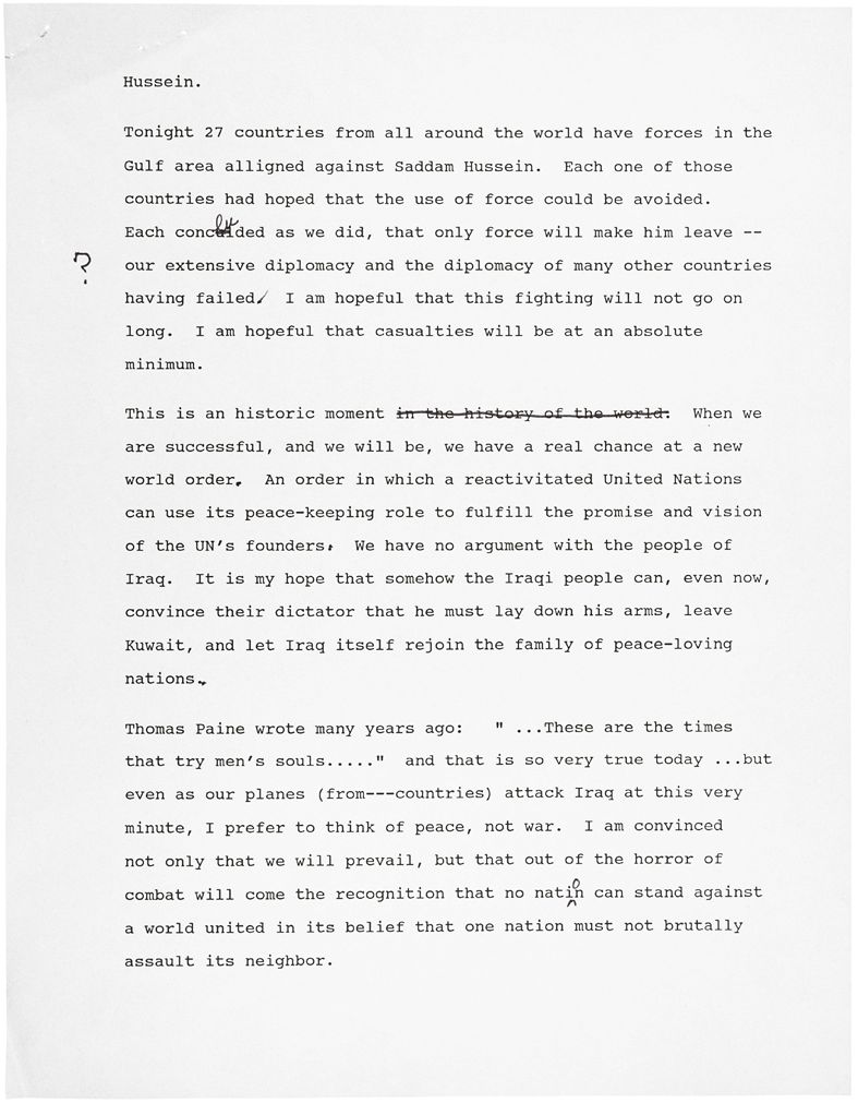 George H. W. Bush, Second Draft of the Address to the Nation on the Gulf War, January 15, 1991, p. 3 (National Archives, 595211)