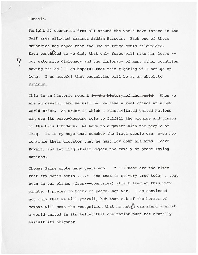 George H. W. Bush, Second Draft of the Address to the Nation on the Gulf War, January 15, 1991, p. 3 (National Archives, 595211)