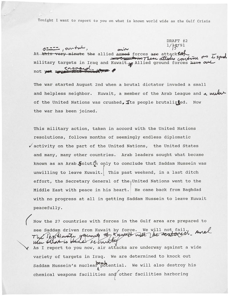 George H. W. Bush, Second Draft of the Address to the Nation on the Gulf War, January 15, 1991, p. 1 (National Archives, 595211)