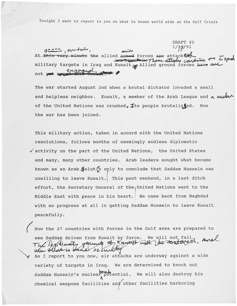 George H. W. Bush, Second Draft of the Address to the Nation on the Gulf War, January 15, 1991, p. 1 (National Archives, 595211)