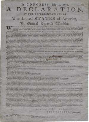 The Declaration of Independence, printed by Peter Timothy, Charleston, South Carolina, August 1776 (The Gilder Lehrman Institute, GLC00959)