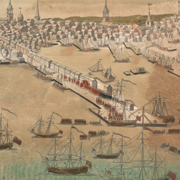 Colonial North America (Drawing of ships arriving at colonial harbor)