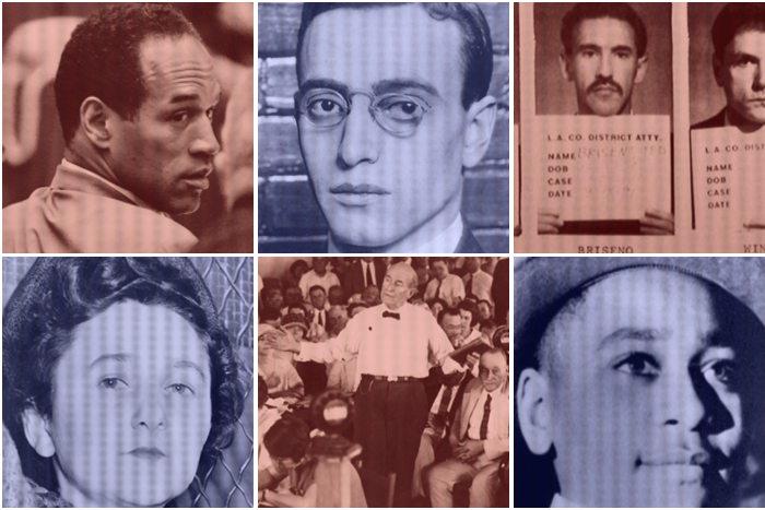 Famous Trials in American History (Graphic of six images that includes O.J. Simpson, Leo Frank, mug shots of the police officers indicted for brutalizing Rodney King, Ethel Rosenberg, The Scopes "Monkey" trial, Emmett Till