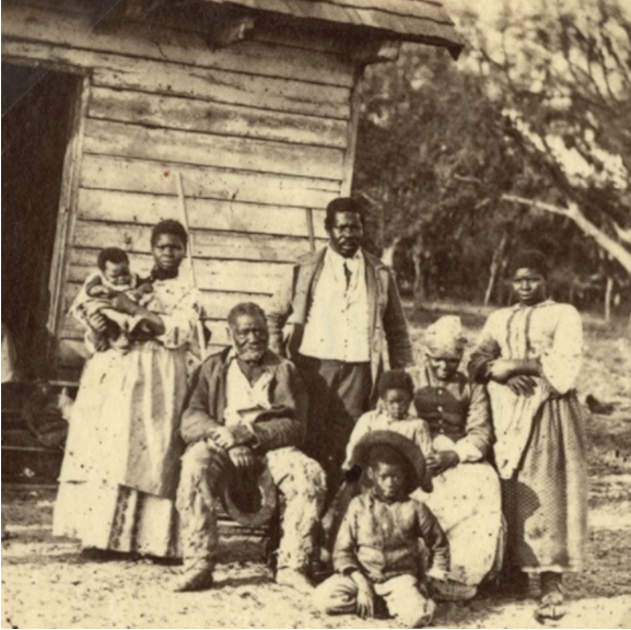 The South in American History (Nineteenth-century photo of a Black family in front of a wood home)
